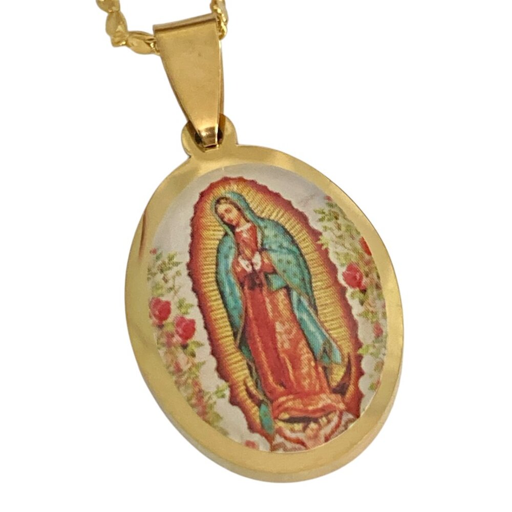 Virgin Mary Our Lady of Guadalupe Gold Necklace 19" Plated Pendant Mexican Saint